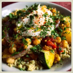 Moroccan one-pot meals with chicken thighs, rice, butternut squash, carrots, chickpeas, and aromatic North African spices garnished with fresh cilantro