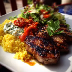 Moroccan weeknight dinner ideas featuring chicken thighs with aromatic spices, onions, preserved lemons, and olives over couscous garnished with fresh parsley