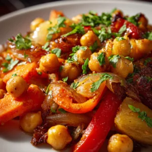 One-pot Moroccan chickpeas and veggies with red lentils, sweet potatoes, bell peppers, carrots, and aromatic Moroccan spices garnished with fresh cilantro