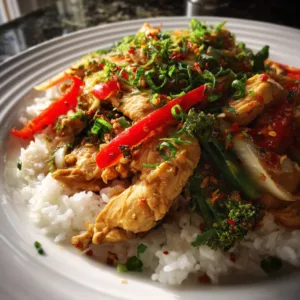 One-pot Thai chicken meal prep with creamy coconut curry sauce, fresh vegetables, and jasmine rice garnished with cilantro and lime wedges