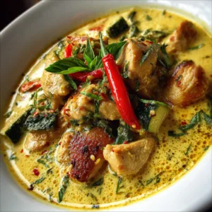 One-pot Thai coconut chicken curry with tender chicken pieces, shredded carrots, wilted spinach in creamy coconut milk sauce, garnished with fresh cilantro and lime wedges