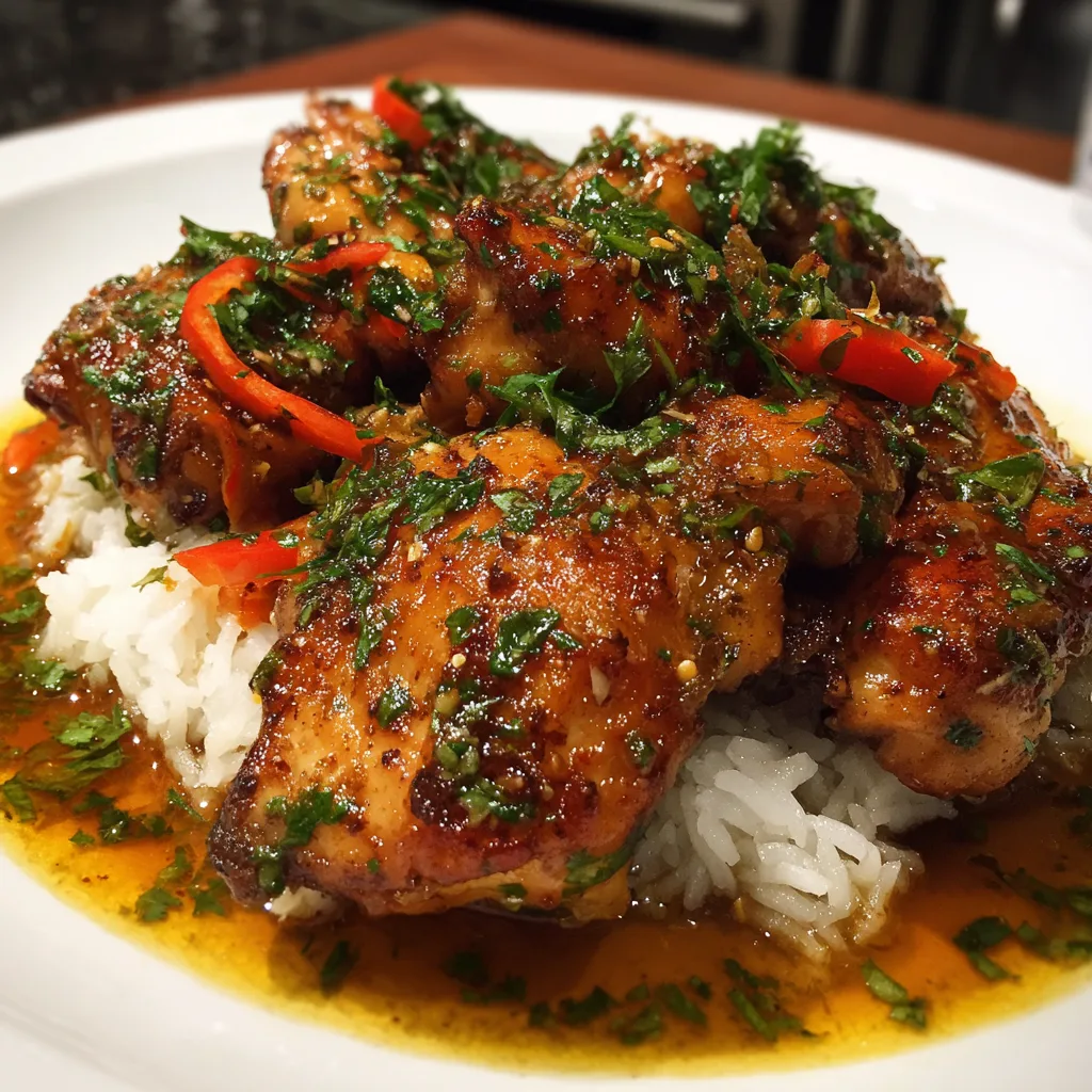 One-pot Thai lemongrass chicken with bone-in chicken thighs, fluffy jasmine rice, sliced shiitake mushrooms in aromatic lemongrass coconut broth
