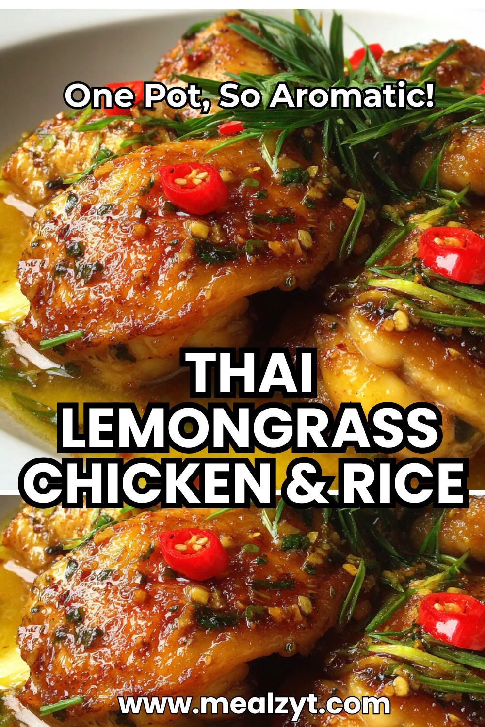 One-pot Thai lemongrass chicken with bone-in chicken thighs, fluffy jasmine rice, sliced shiitake mushrooms in aromatic lemongrass coconut broth