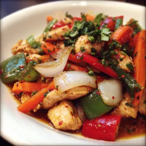 Quick one-pan Thai chicken and veggies with bite-sized chicken breast, broccoli florets, red bell peppers, sugar snap peas, and carrots in coconut milk sauce
