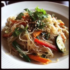 Quick Thai noodles with brown rice noodles stir‑fried with zucchini, red pepper, carrot, and cabbage, topped with chopped peanuts and fresh cilantro and basil