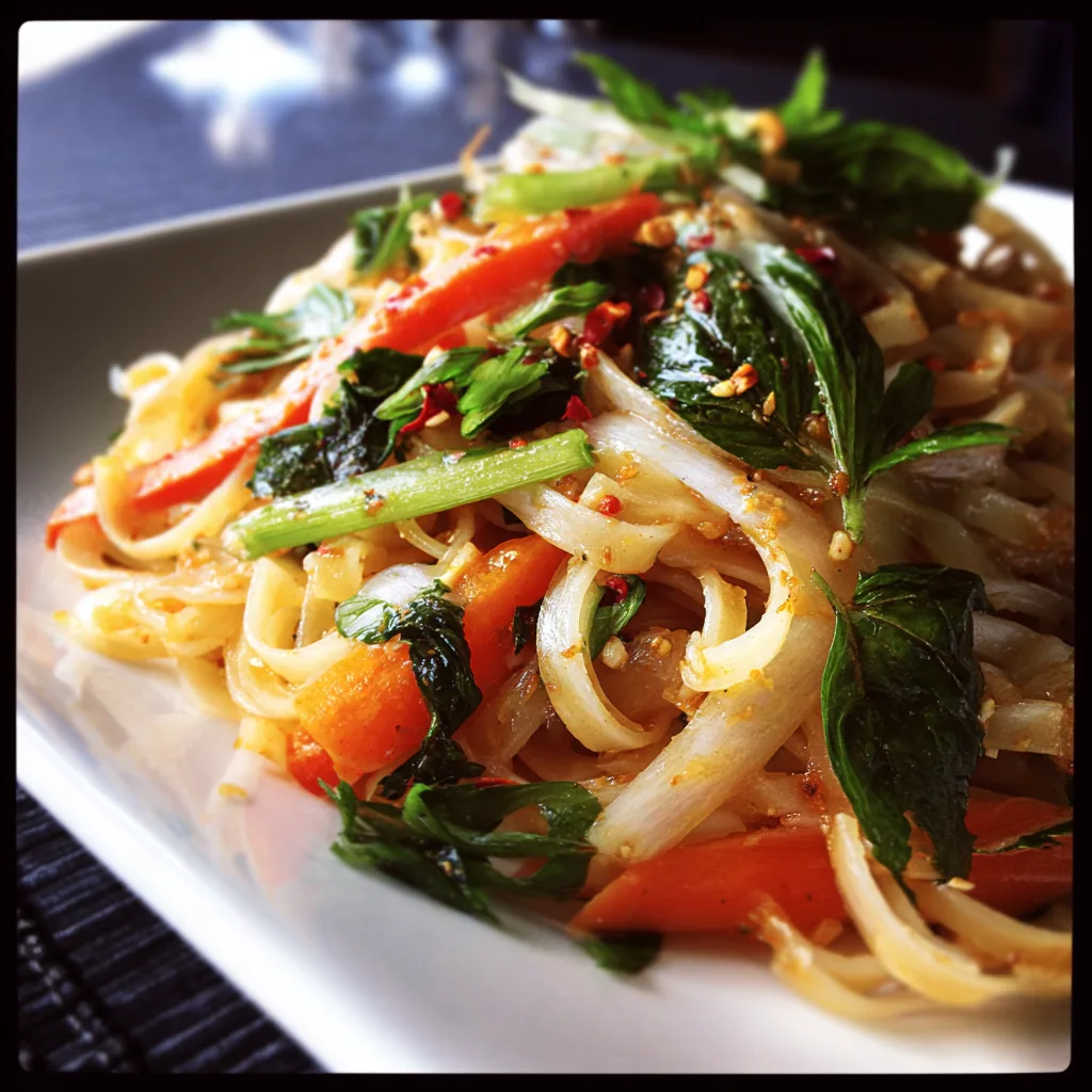 Quick Thai noodles with brown rice noodles stir‑fried with zucchini, red pepper, carrot, and cabbage, topped with chopped peanuts and fresh cilantro and basil