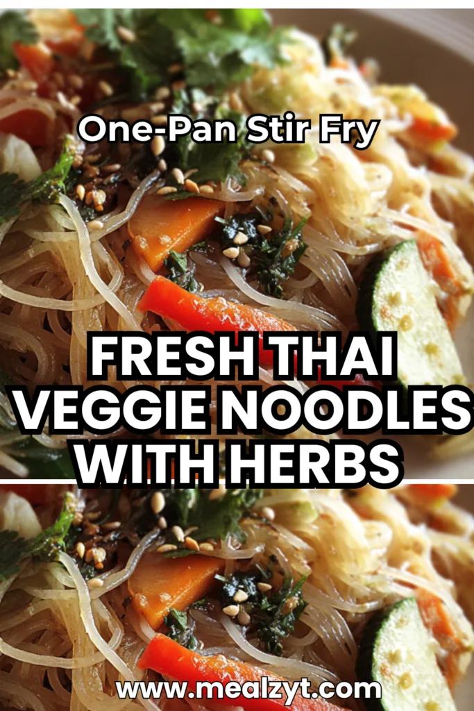 Quick Thai noodles with brown rice noodles stir‑fried with zucchini, red pepper, carrot, and cabbage, topped with chopped peanuts and fresh cilantro and basil
