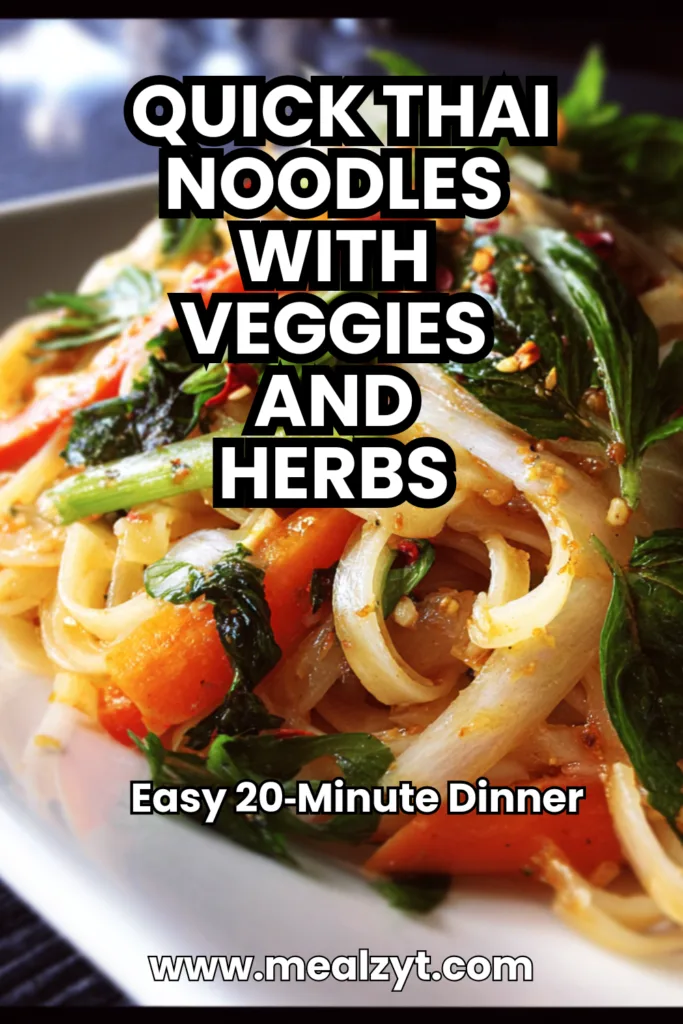 Quick Thai noodles with brown rice noodles stir‑fried with zucchini, red pepper, carrot, and cabbage, topped with chopped peanuts and fresh cilantro and basil