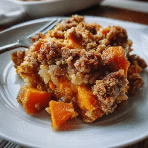 Sweet potato and apple casserole with cinnamon oat crumb topping in a white baking dish