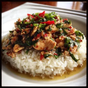 Thai basil chicken rice with ground chicken, fresh Thai basil leaves, sliced bell peppers in glossy savory-sweet sauce over jasmine rice