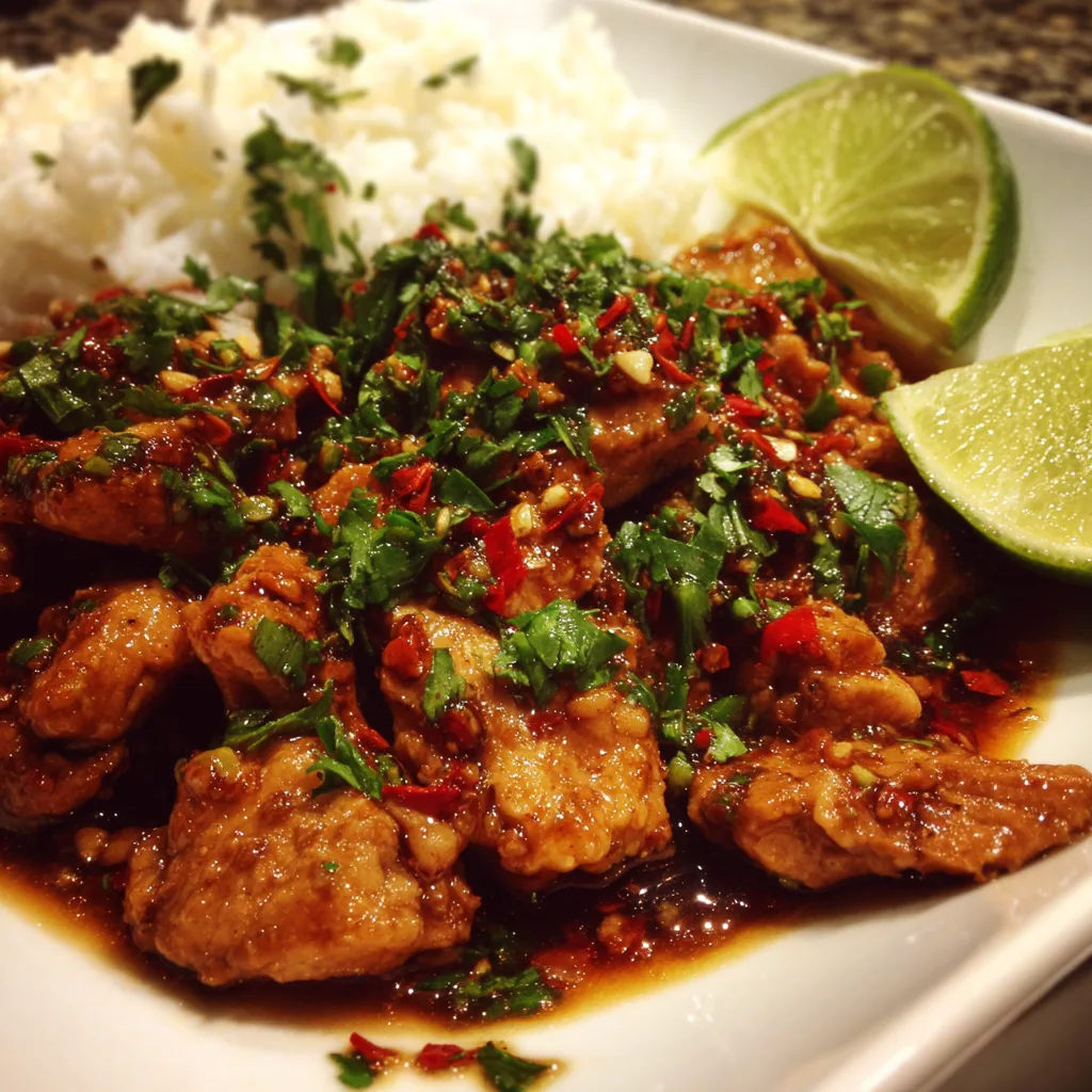 Thai chicken skillet with cornstarch-coated chicken pieces, caramelized red bell peppers, shallots in creamy coconut-peanut sauce