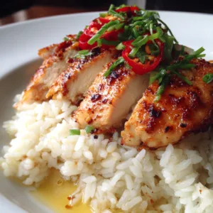 Thai chicken and rice one-pot dinner with tender chicken pieces, fluffy jasmine rice, red bell peppers, and green peas in coconut curry broth