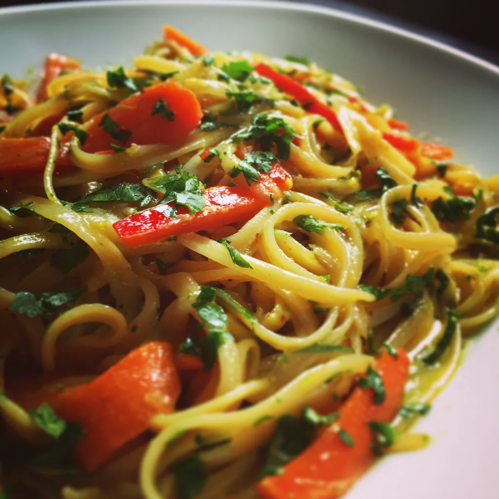 Thai coconut curry noodles with rice noodles, cubed tofu, broccoli florets, red bell peppers, and julienned carrots in creamy coconut red curry sauce