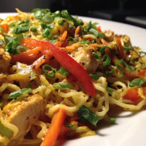 Thai curry noodle bowls with rice noodles, colorful vegetables in creamy red coconut curry sauce, garnished with crushed peanuts and fresh cilantro