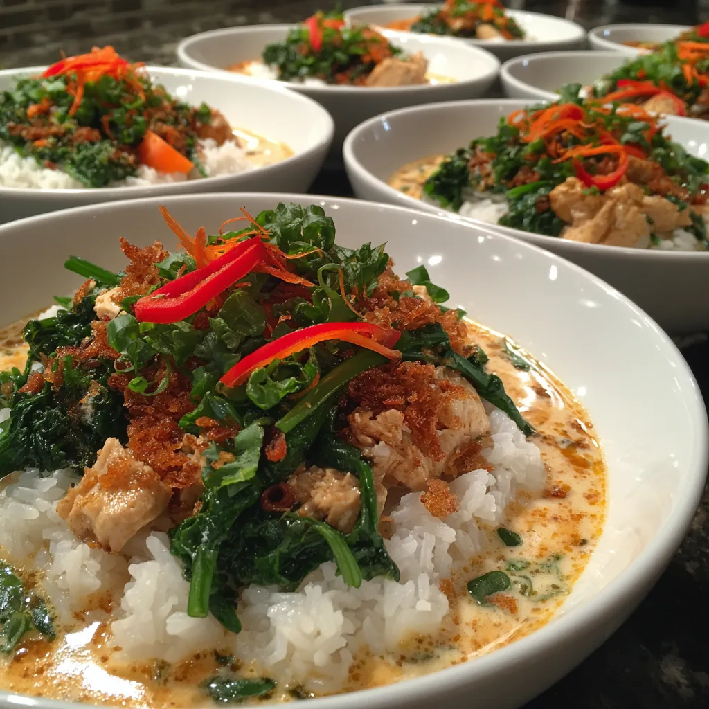 Thai meal prep bowls make ahead with rice, roasted Thai‑spiced chicken, sweet potatoes, broccoli, chickpeas, and peanut‑coconut sauce in glass containers