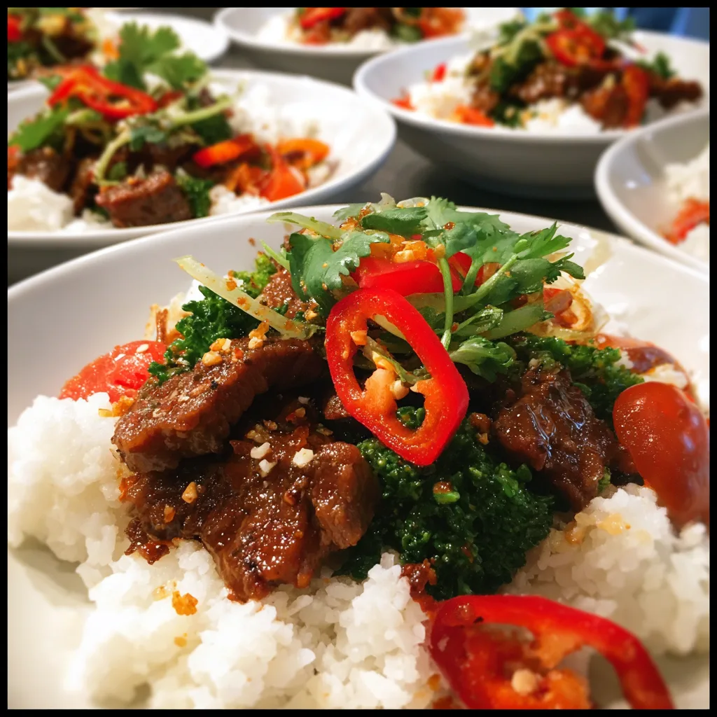 Thai meal prep bowls make ahead with rice, roasted Thai‑spiced chicken, sweet potatoes, broccoli, chickpeas, and peanut‑coconut sauce in glass containers