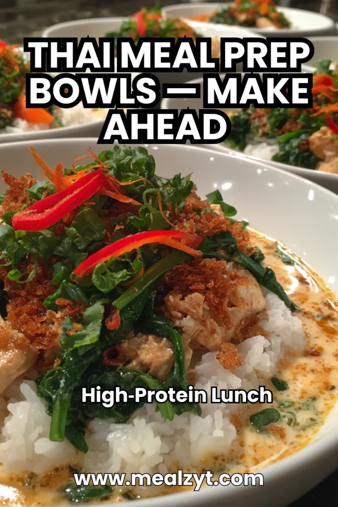 Thai meal prep bowls make ahead with rice, roasted Thai‑spiced chicken, sweet potatoes, broccoli, chickpeas, and peanut‑coconut sauce in glass containers