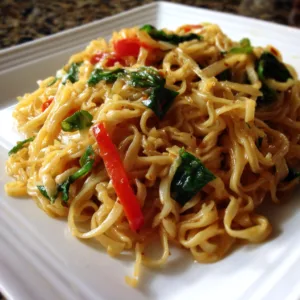 Thai stir-fry noodles with linguine, scrambled eggs, zucchini, mushrooms in sweet-spicy sauce with brown sugar, soy sauce, sriracha, fresh ginger, topped with crushed peanuts and cilantro