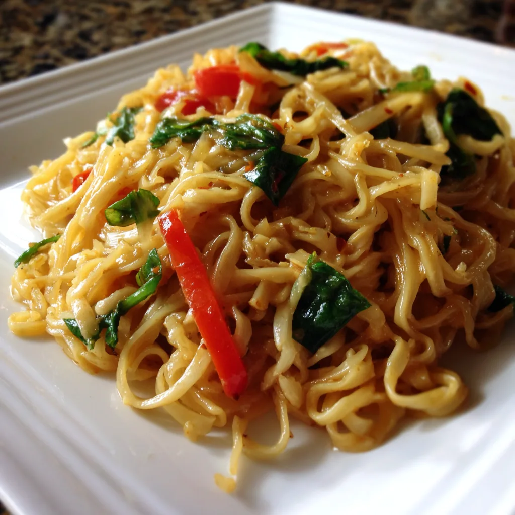 Thai stir-fry noodles with linguine, scrambled eggs, zucchini, mushrooms in sweet-spicy sauce with brown sugar, soy sauce, sriracha, fresh ginger, topped with crushed peanuts and cilantro