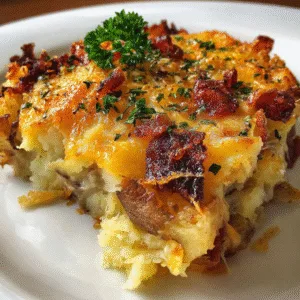 Truffle loaded potato casserole with golden panko topping in a white baking dish