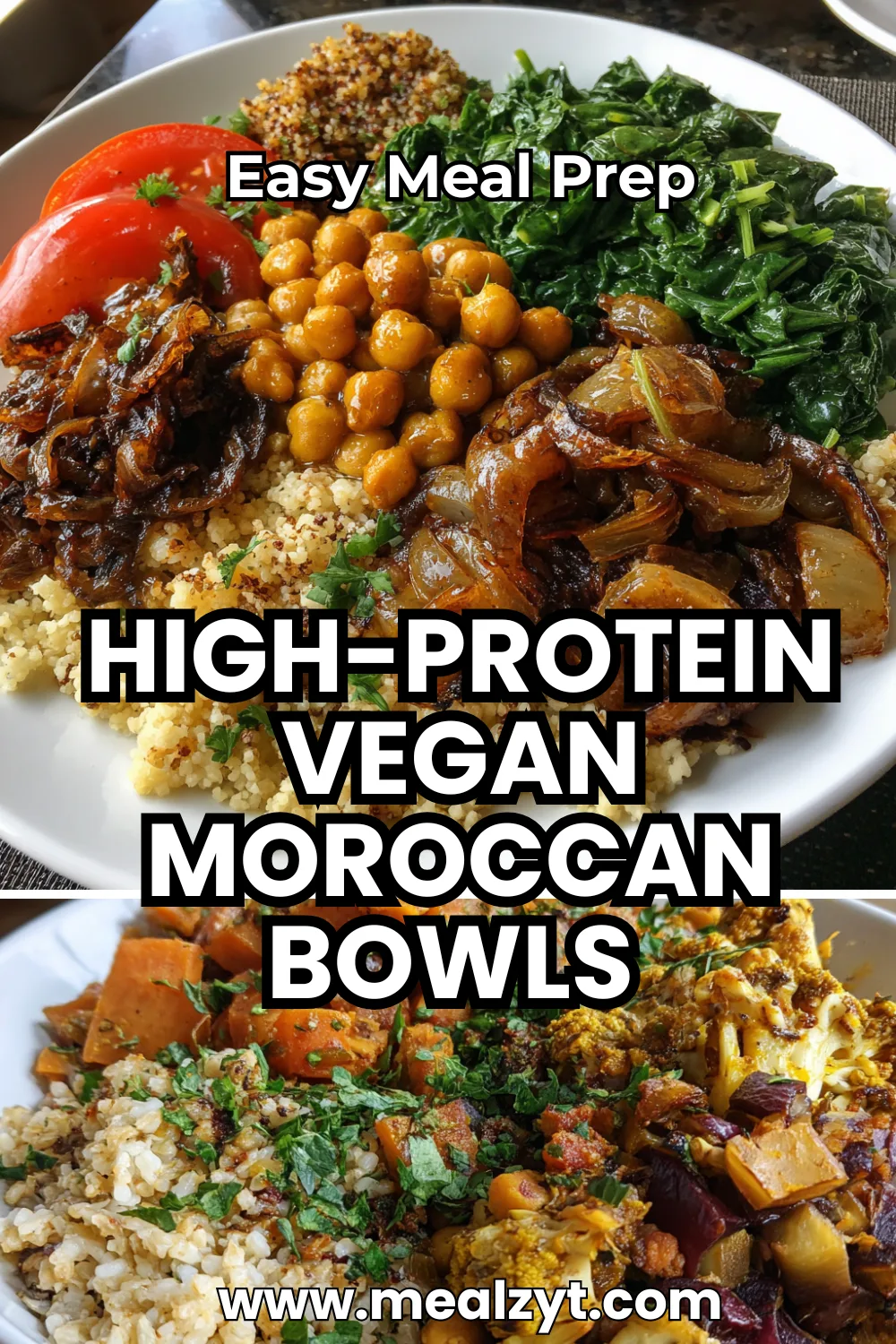 Vegan Moroccan meal prep bowls with roasted chickpeas, red lentils, cauliflower, sweet potatoes, quinoa, and tahini sauce, garnished with fresh herbs.
