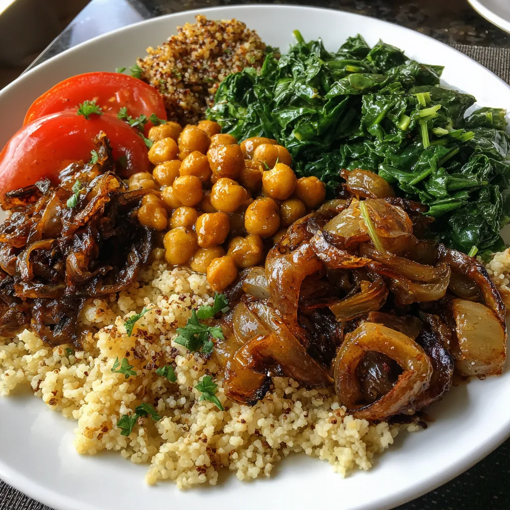 Vegan Moroccan meal prep bowls with roasted chickpeas, red lentils, cauliflower, sweet potatoes, quinoa, and tahini sauce, garnished with fresh herbs.