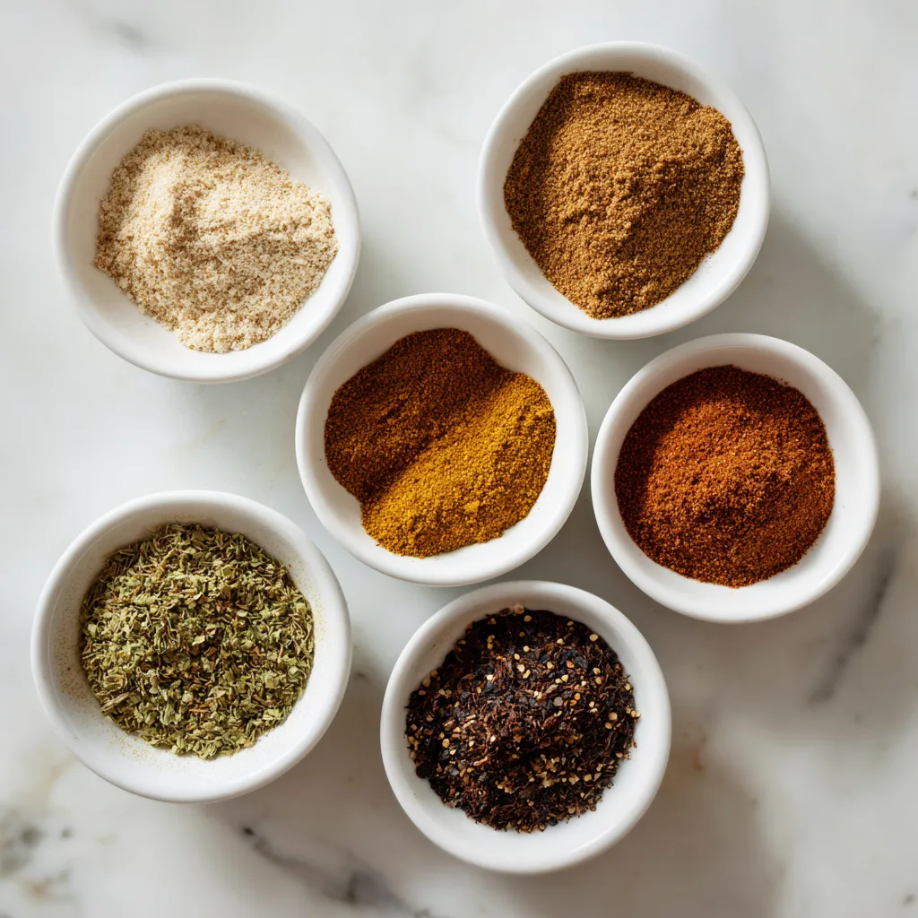 Five essential Moroccan spices arranged in small ceramic bowls - cumin, coriander, cinnamon, paprika, and ground ginger