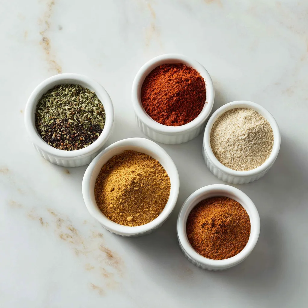 Five essential Moroccan spices arranged in small ceramic bowls - cumin, coriander, cinnamon, paprika, and ground ginger