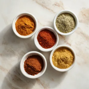 Five essential Moroccan spices arranged in small ceramic bowls - cumin, coriander, cinnamon, paprika, and ground ginger