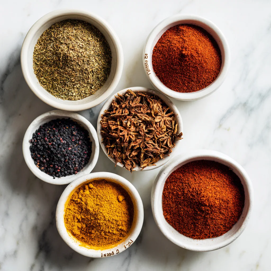 Five essential Moroccan spices arranged in small ceramic bowls - cumin, coriander, cinnamon, paprika, and ground ginger