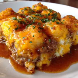 Cheeseburger tater tot casserole with golden crispy tots melted cheddar cheese and seasoned ground beef in baking dish