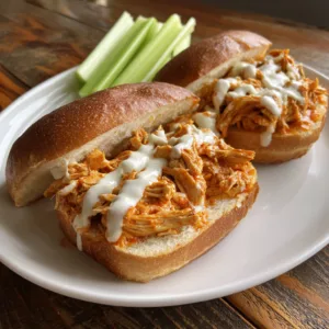 Easy crockpot buffalo chicken sandwich with shredded spicy chicken on brioche bun with ranch dressing