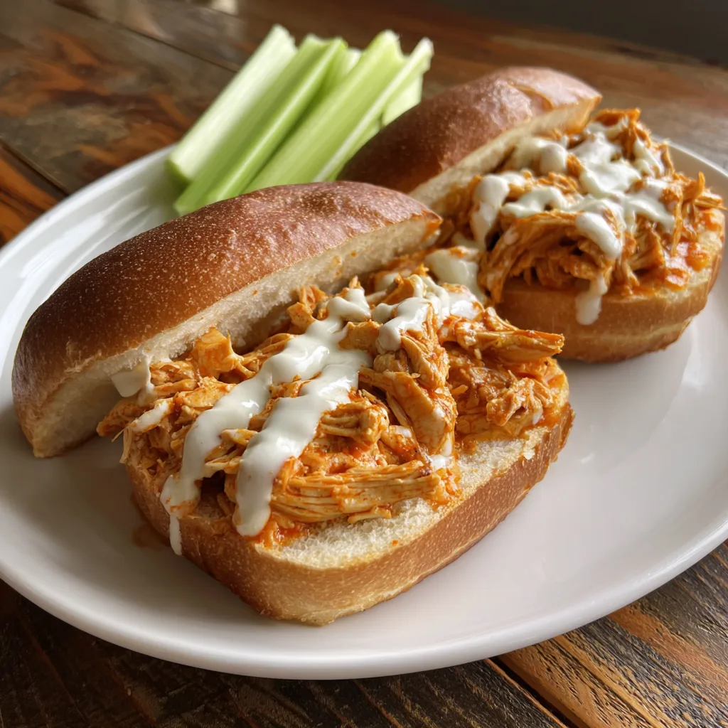 Easy crockpot buffalo chicken sandwich with shredded spicy chicken on brioche bun with ranch dressing