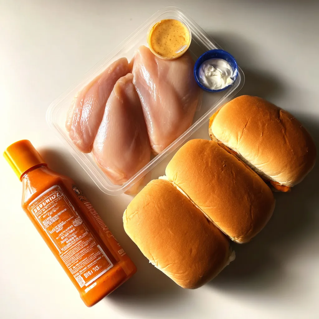 Easy crockpot buffalo chicken sandwich with shredded spicy chicken on brioche bun with ranch dressing