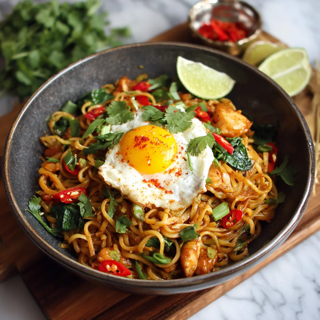 Fast family Thai noodles one pan with tender rice noodles tossed with scrambled eggs, diced chicken breast, sliced red bell peppers, shallots in homemade Thai sauce made from coconut aminos, fish sauce, rice vinegar, lime juice, sriracha, garnished with crushed roasted peanuts, chopped green onions, fresh cilantro, and lime wedges