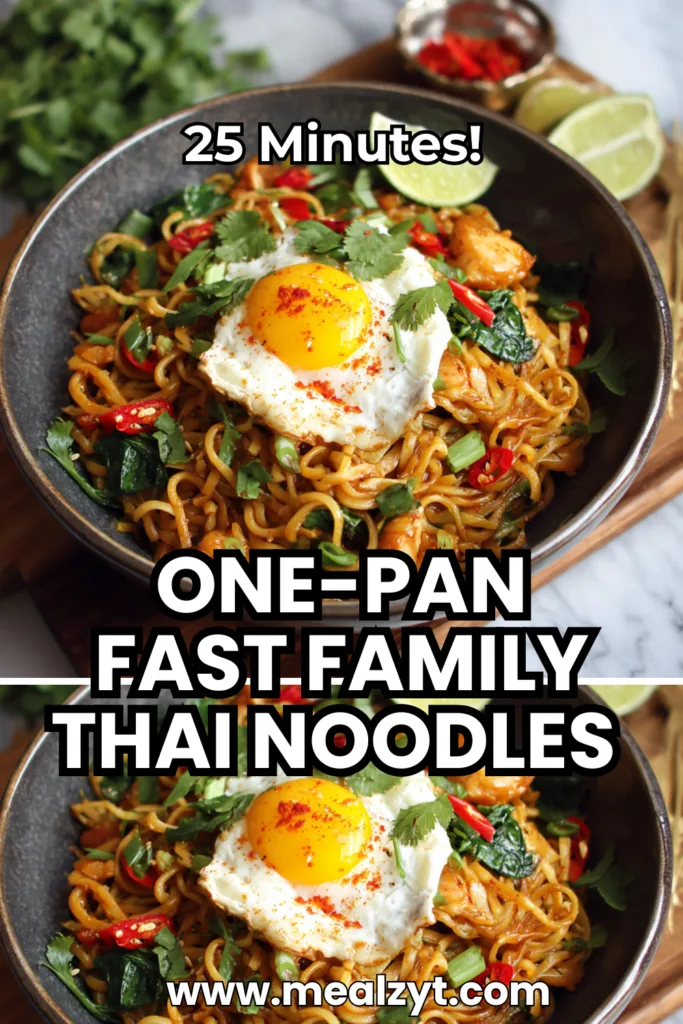 Fast family Thai noodles one pan with tender rice noodles tossed with scrambled eggs, diced chicken breast, sliced red bell peppers, shallots in homemade Thai sauce made from coconut aminos, fish sauce, rice vinegar, lime juice, sriracha, garnished with crushed roasted peanuts, chopped green onions, fresh cilantro, and lime wedges