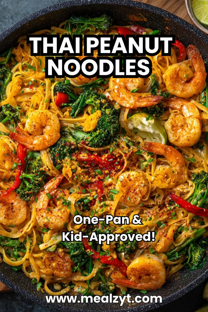 Fast family Thai noodles one pan with tender rice noodles tossed with scrambled eggs, diced chicken breast, sliced red bell peppers, shallots in homemade Thai sauce made from coconut aminos, fish sauce, rice vinegar, lime juice, sriracha, garnished with crushed roasted peanuts, chopped green onions, fresh cilantro, and lime wedges