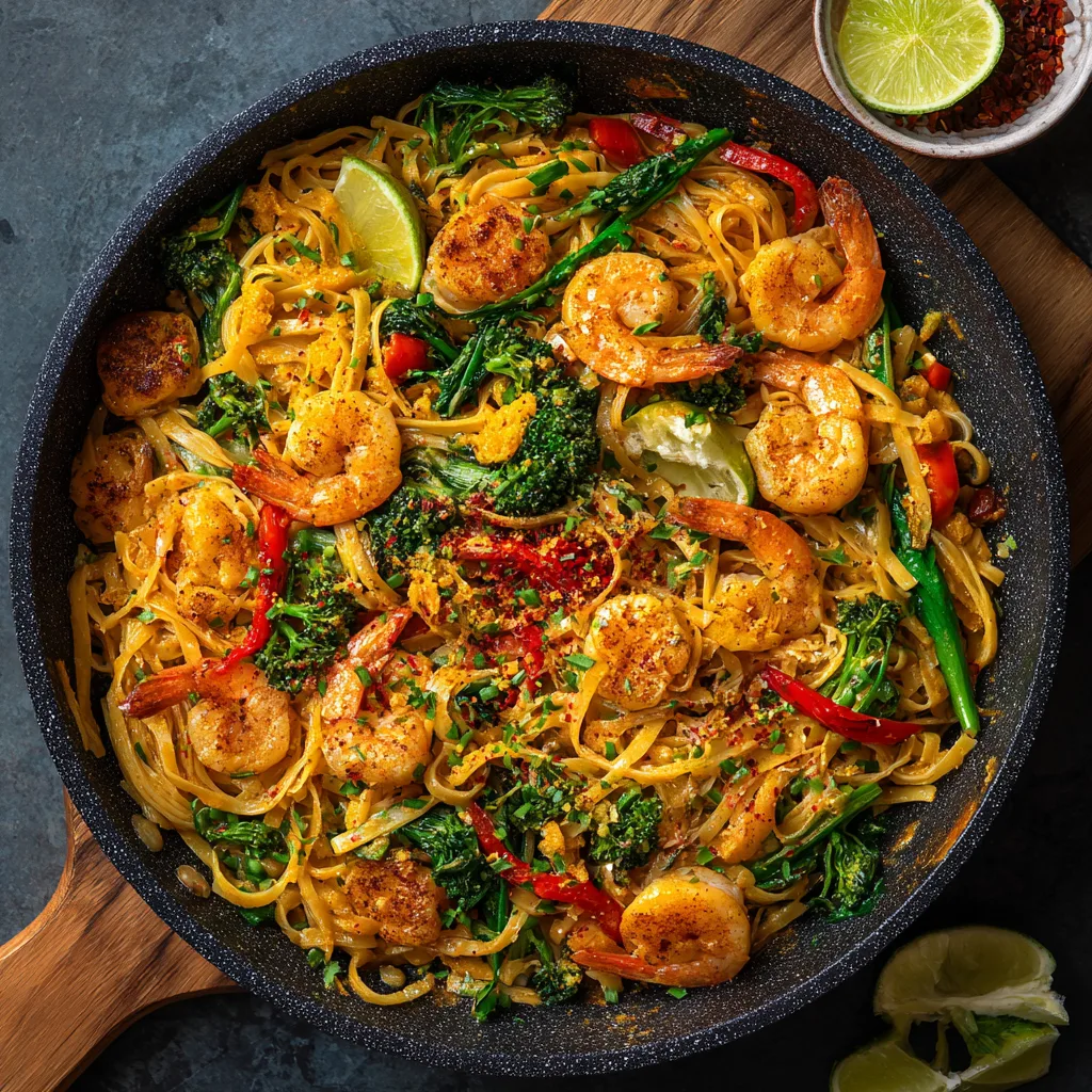 Fast family Thai noodles one pan with tender rice noodles tossed with scrambled eggs, diced chicken breast, sliced red bell peppers, shallots in homemade Thai sauce made from coconut aminos, fish sauce, rice vinegar, lime juice, sriracha, garnished with crushed roasted peanuts, chopped green onions, fresh cilantro, and lime wedges