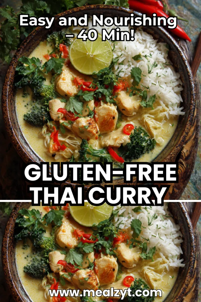 Gluten free Thai curry easy nourishing with sliced red and yellow bell peppers, carrots, broccoli florets, kale in rich coconut milk sauce flavored with Thai red curry paste, fresh ginger, garlic, turmeric, tamari, and lime juice, served over jasmine rice