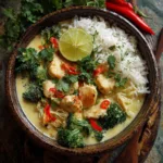 Gluten free Thai curry easy nourishing with sliced red and yellow bell peppers, carrots, broccoli florets, kale in rich coconut milk sauce flavored with Thai red curry paste, fresh ginger, garlic, turmeric, tamari, and lime juice, served over jasmine rice