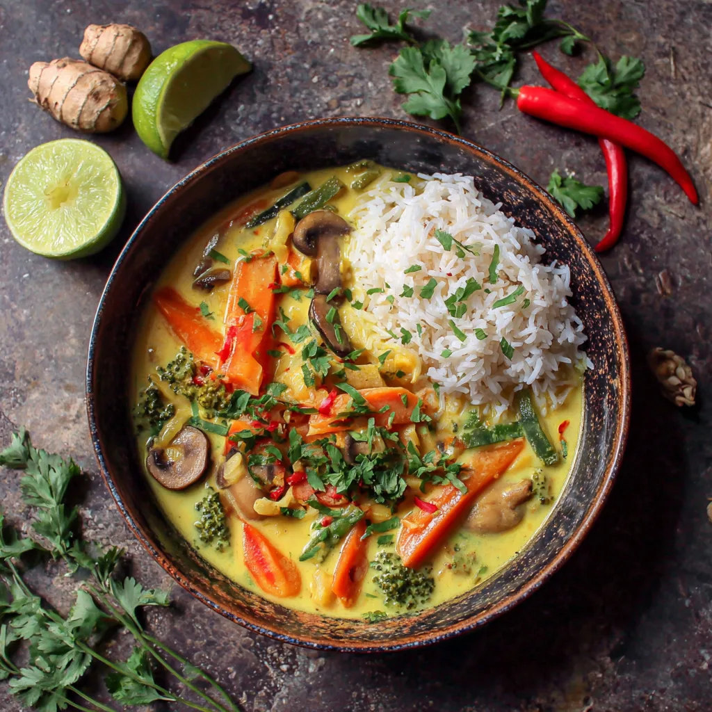 Gluten free Thai curry easy nourishing with sliced red and yellow bell peppers, carrots, broccoli florets, kale in rich coconut milk sauce flavored with Thai red curry paste, fresh ginger, garlic, turmeric, tamari, and lime juice, served over jasmine rice