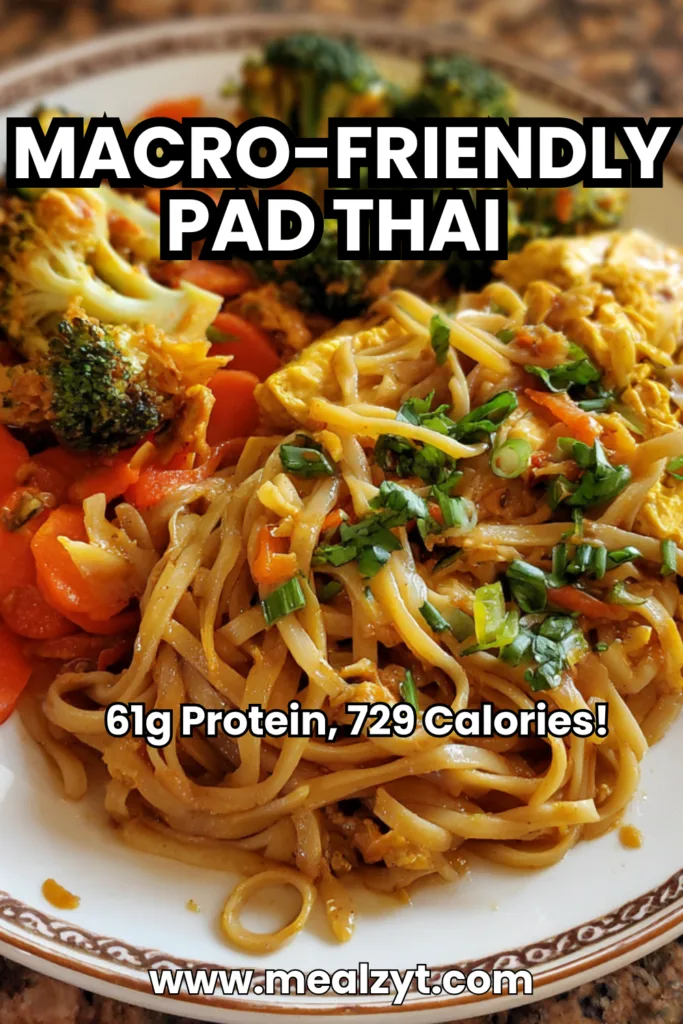 High protein Thai noodle dinner with 61g protein featuring thinly sliced chicken breast, pink shrimp, scrambled eggs, shelled edamame, rice noodles, julienned carrots, sliced red bell peppers, Chinese broccoli, shredded cabbage all coated in creamy peanut sauce made from natural peanut butter, tamari, oyster sauce, sriracha, garnished with crushed roasted peanuts, green onions, cilantro, lime wedges