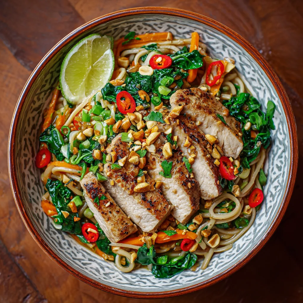 High protein Thai noodle dinner with 61g protein featuring thinly sliced chicken breast, pink shrimp, scrambled eggs, shelled edamame, rice noodles, julienned carrots, sliced red bell peppers, Chinese broccoli, shredded cabbage all coated in creamy peanut sauce made from natural peanut butter, tamari, oyster sauce, sriracha, garnished with crushed roasted peanuts, green onions, cilantro, lime wedges