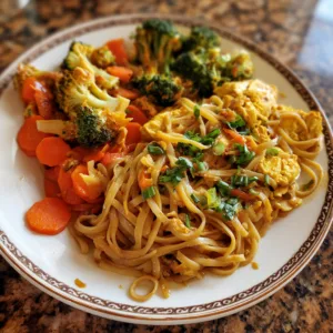 High protein Thai noodle dinner with 61g protein featuring thinly sliced chicken breast, pink shrimp, scrambled eggs, shelled edamame, rice noodles, julienned carrots, sliced red bell peppers, Chinese broccoli, shredded cabbage all coated in creamy peanut sauce made from natural peanut butter, tamari, oyster sauce, sriracha, garnished with crushed roasted peanuts, green onions, cilantro, lime wedges