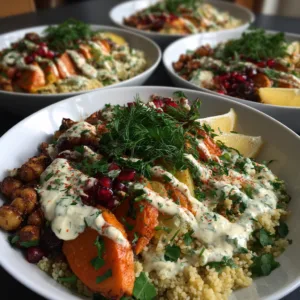 Moroccan meal prep bowls Sunday batch cook with lemony pearl couscous, roasted Moroccan-spiced chicken thighs, cauliflower florets, green beans, and red onions in glass containers