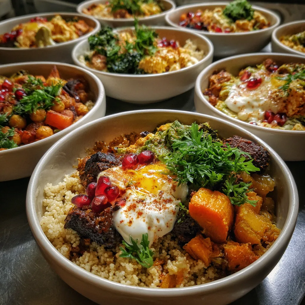 Moroccan meal prep bowls Sunday batch cook with lemony pearl couscous, roasted Moroccan-spiced chicken thighs, cauliflower florets, green beans, and red onions in glass containers