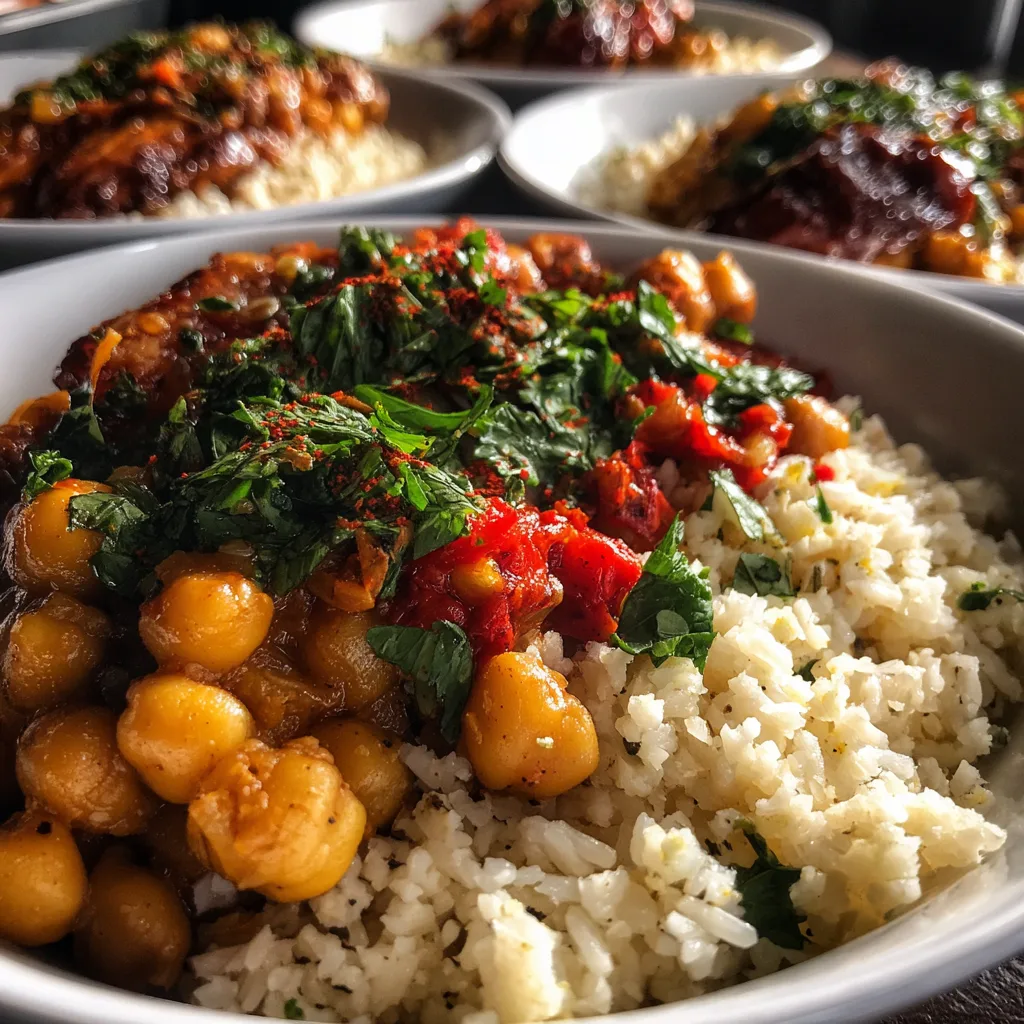 Moroccan meal prep bowls Sunday batch cook with lemony pearl couscous, roasted Moroccan-spiced chicken thighs, cauliflower florets, green beans, and red onions in glass containers
