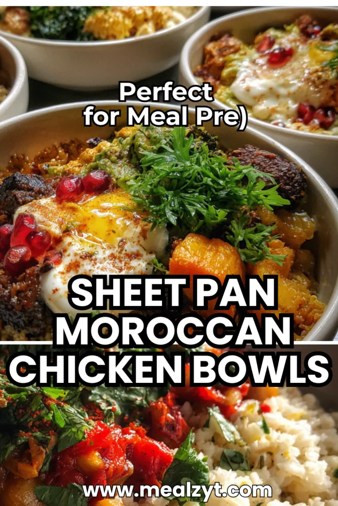 Moroccan meal prep bowls Sunday batch cook with lemony pearl couscous, roasted Moroccan-spiced chicken thighs, cauliflower florets, green beans, and red onions in glass containers