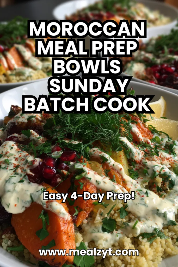 Moroccan meal prep bowls Sunday batch cook with lemony pearl couscous, roasted Moroccan-spiced chicken thighs, cauliflower florets, green beans, and red onions in glass containers