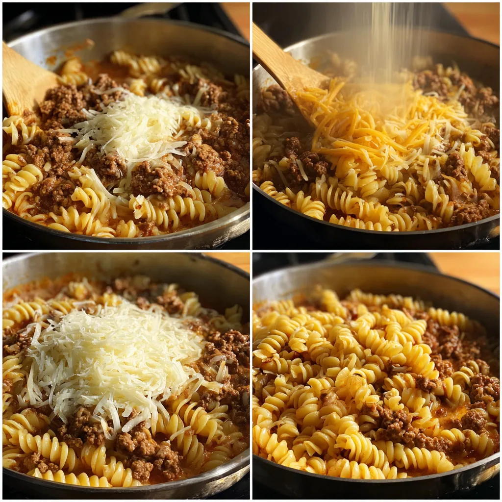 step by step One pot creamy taco pasta with ground beef featuring tender shells in cheese sauce with seasoned meat